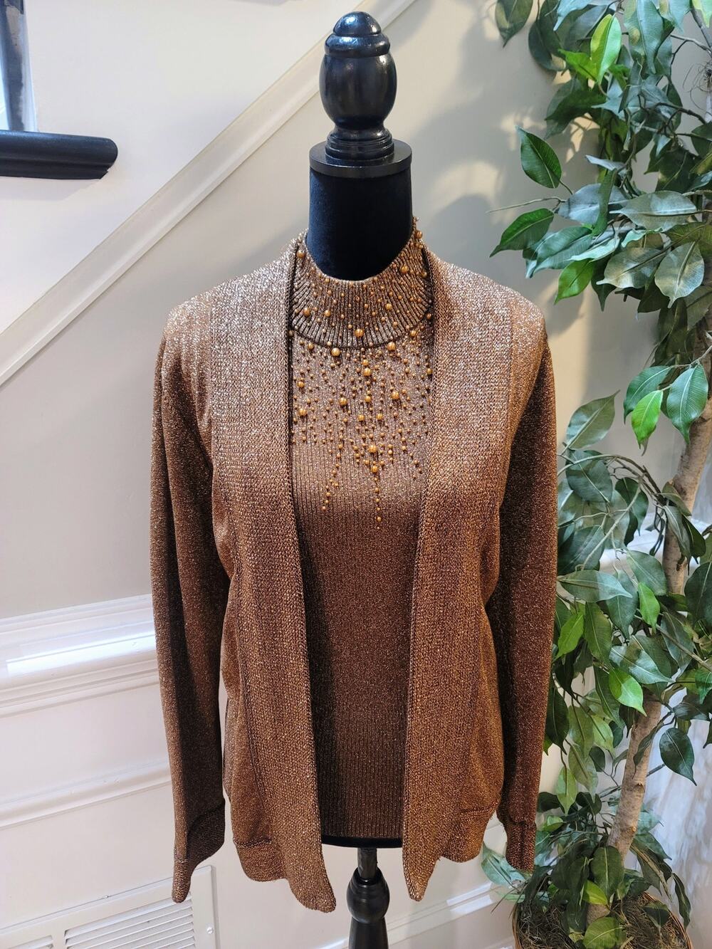 Investment 2 Pc Cardigan Sweater Women Medium Brown Ribbed Back Zipper Mock Neck